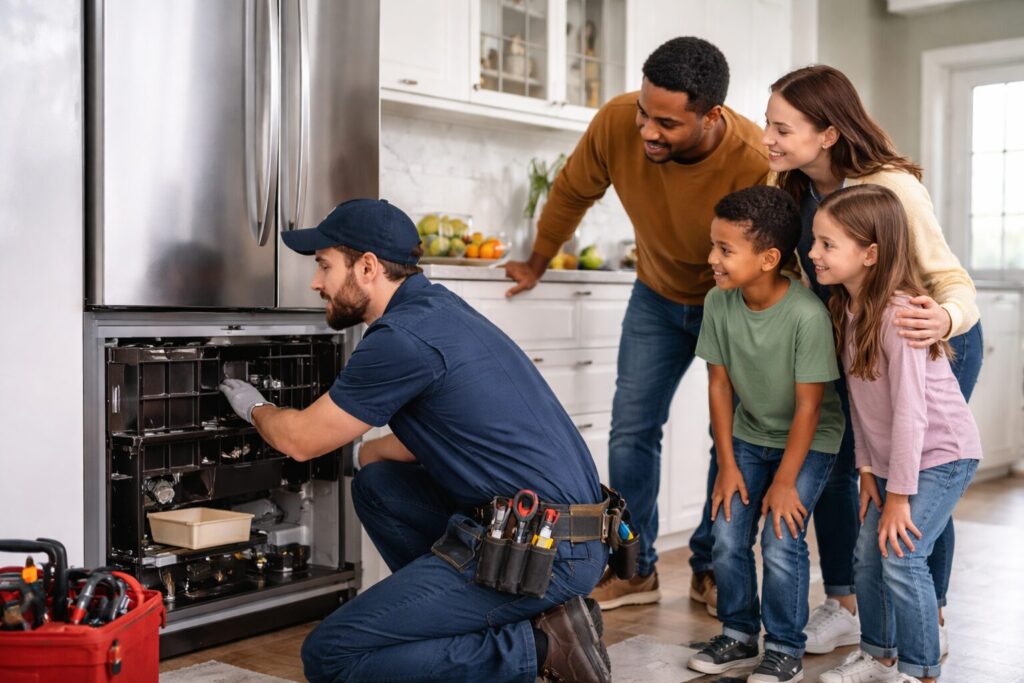 family of four examining a modern kitchen appliance together with a technician explaining repair options