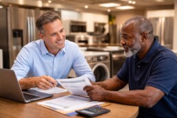 appliance sales associate helping a middle-aged couple choose a refrigerator in a bright modern showroom