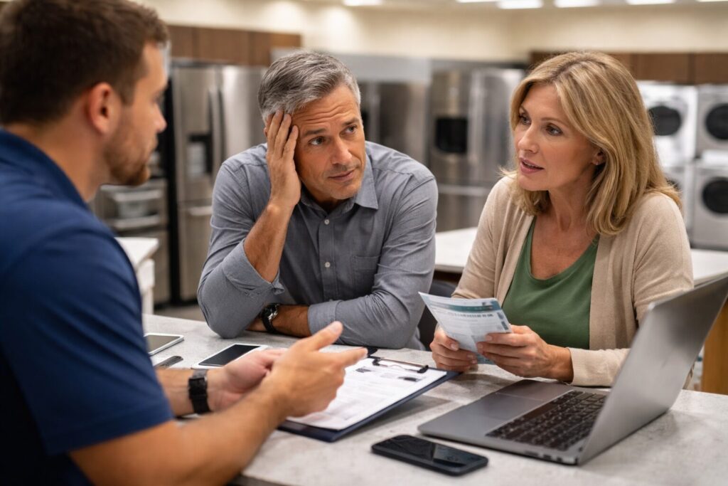 Homeowner discussing appliance warranty options with a sales associate in a modern appliance showroom