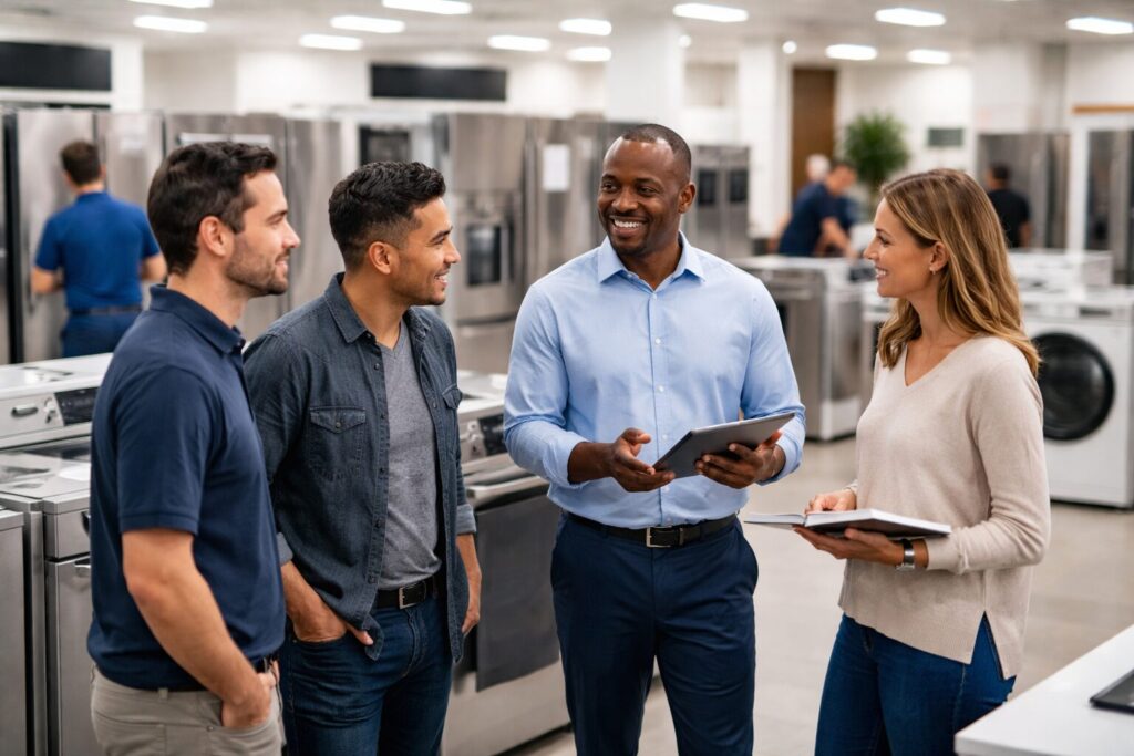 appliance sales associate assisting a diverse couple shopping for kitchen appliances in a modern showroom