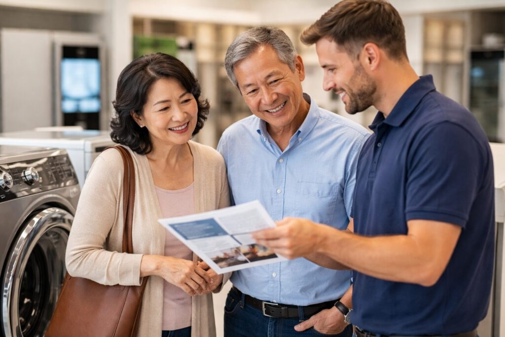 Asian older adult couple discussing appliance warranty options with a sales associate in a modern appliance showroom