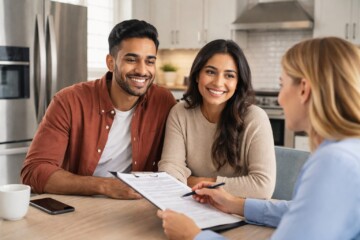 multicultural family discussing appliance warranty options with a sales associate in a modern kitchen showroom