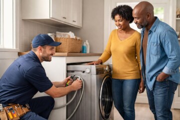 Appliance store sales associate helping a middle-aged couple choose a refrigerator in a bright showroom