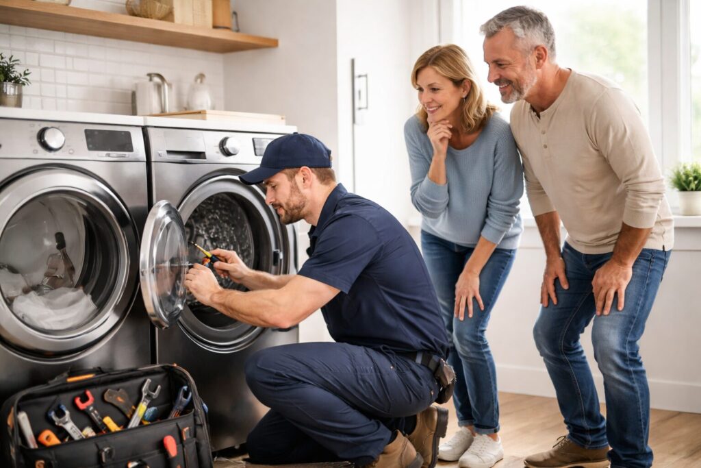 Homeowner discussing appliance repair with technician in modern kitchen after warranty claim approval