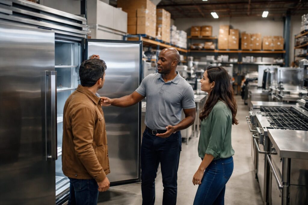 commercial appliance showroom with diverse customers and staff discussing equipment displayed in organized rows