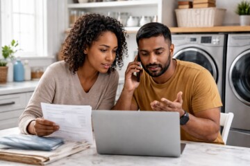 Multicultural family in modern kitchen discussing appliance repair with technician using tablet to review warranty claim