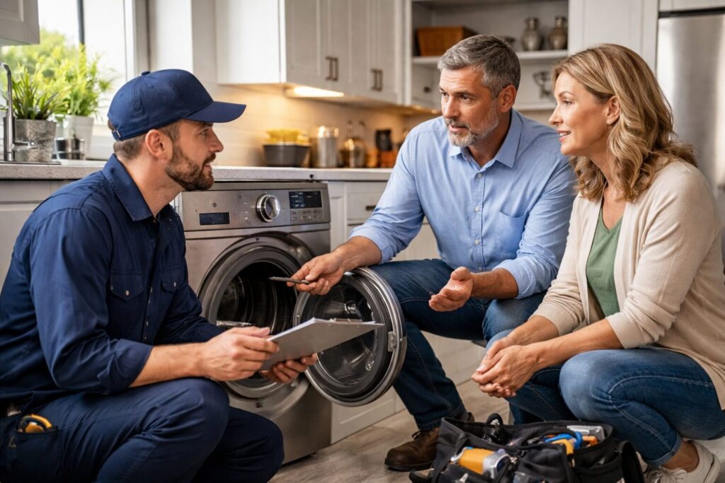 Appliance technician inspecting a washing machine in a modern kitchen while homeowner watches with concern