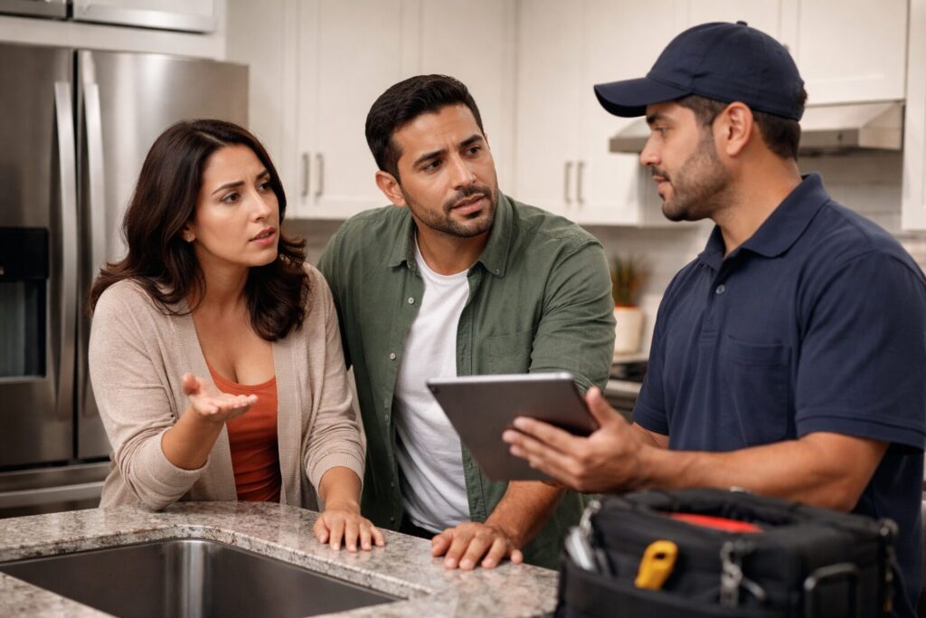 Hispanic couple discussing appliance repair with a technician in a modern kitchen, showing concern and engagement