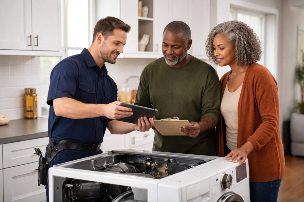 Appliance technician discussing repair options with a middle-aged couple in a modern kitchen with a broken dishwasher visible