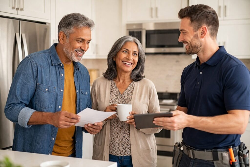 older brown couple discussing appliance warranty details with a sales associate in a modern appliance showroom