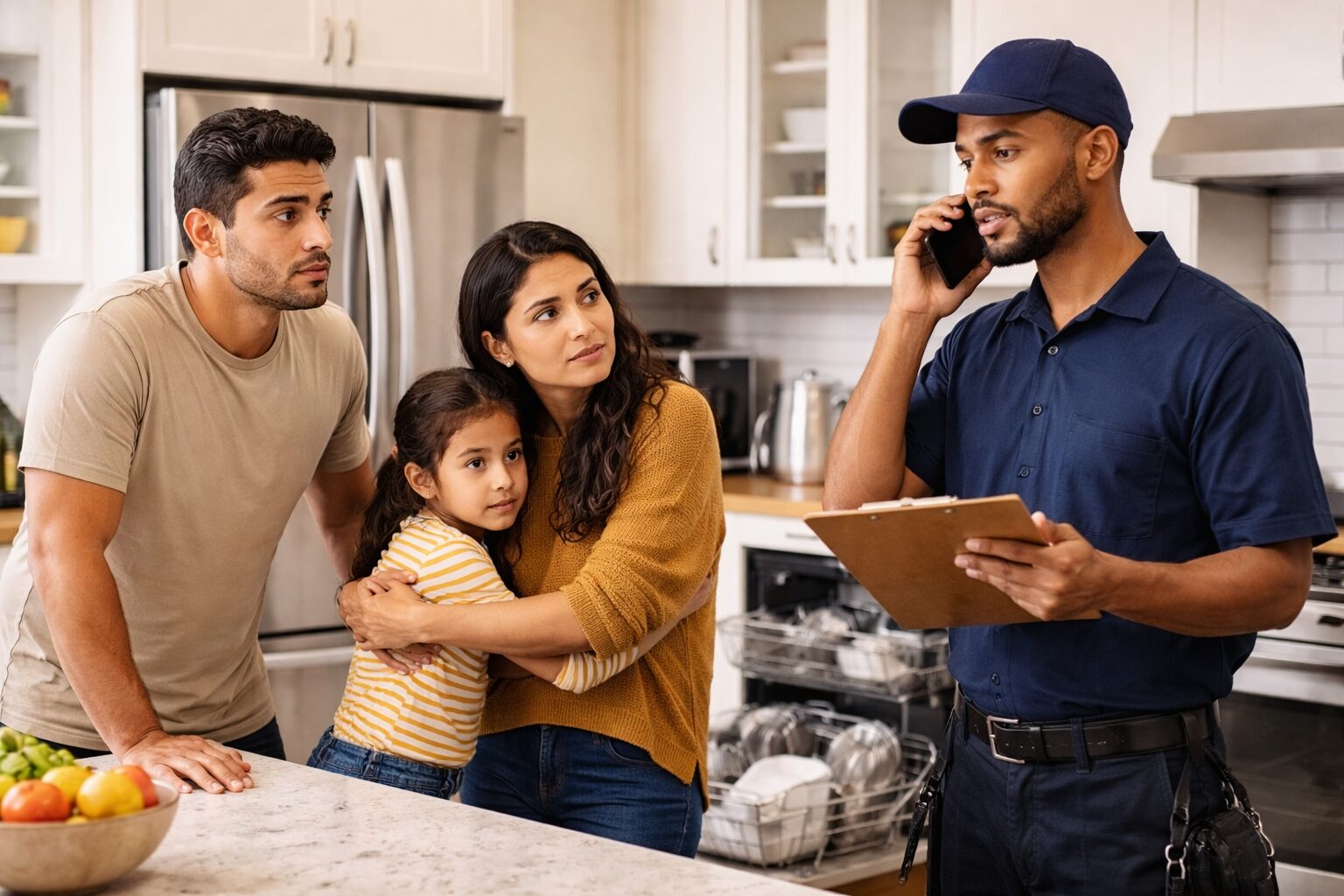Multicultural family discussing appliance repair delay with technician in modern kitchen while using a smartphone to
