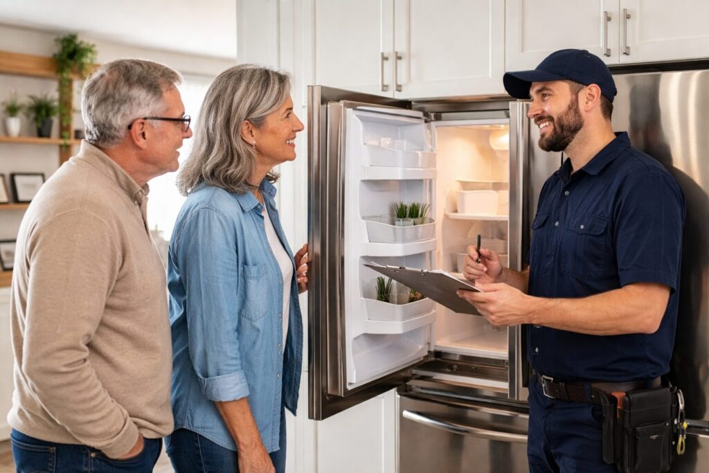 Appliance technician discussing repair options with a middle-aged couple in a modern kitchen environment