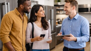 Multicultural appliance sales associate helping diverse customers with warranty paperwork in a modern showroom environment
