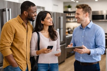 Multicultural appliance sales associate helping diverse customers with warranty paperwork in a modern showroom environment