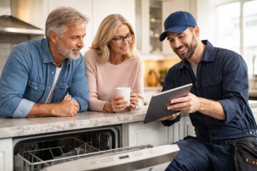 Appliance technician discussing repair details with homeowner in modern kitchen while holding tablet and appliance parts