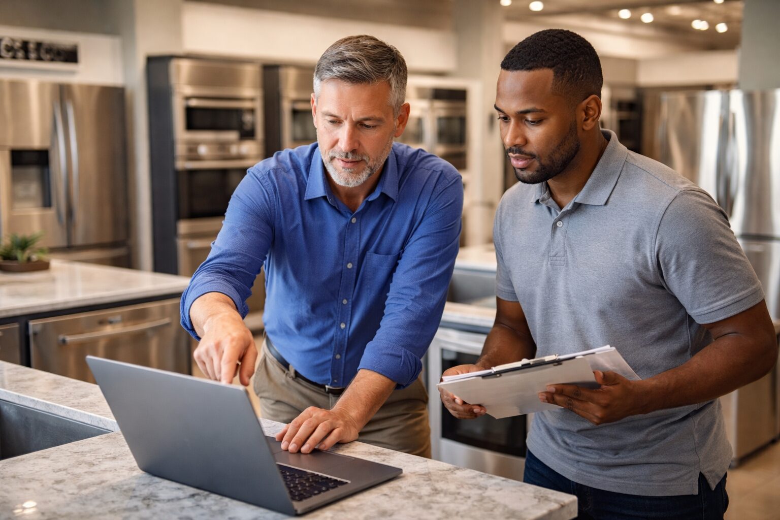 Appliance store employees assisting a middle-aged couple with warranty options in a modern showroom environment