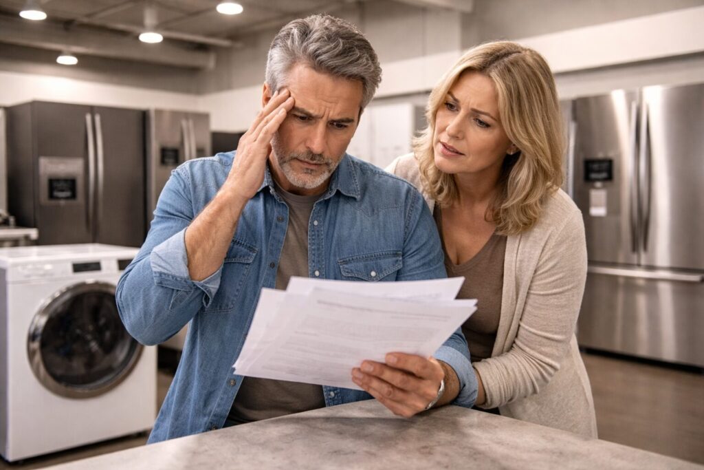 Appliance retailer and technician discussing warranty options in a modern showroom with appliances on display