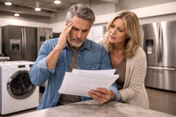 Appliance retailer and technician discussing warranty options in a modern showroom with appliances on display