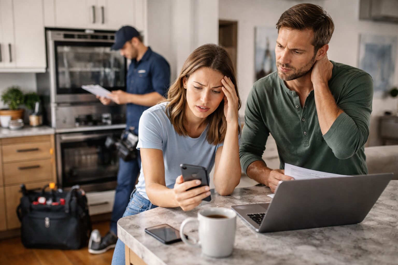 Appliance technician inspecting a modern kitchen appliance while a homeowner watches with concern in a bright home setting