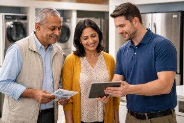 Older Brown couple discussing appliance warranty options with a sales associate in a modern appliance showroom