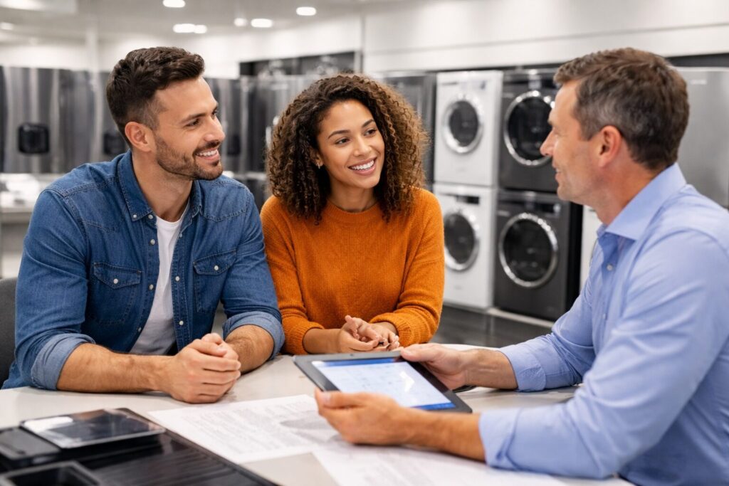 Appliance sales associate discussing warranty options with a couple in a modern appliance showroom