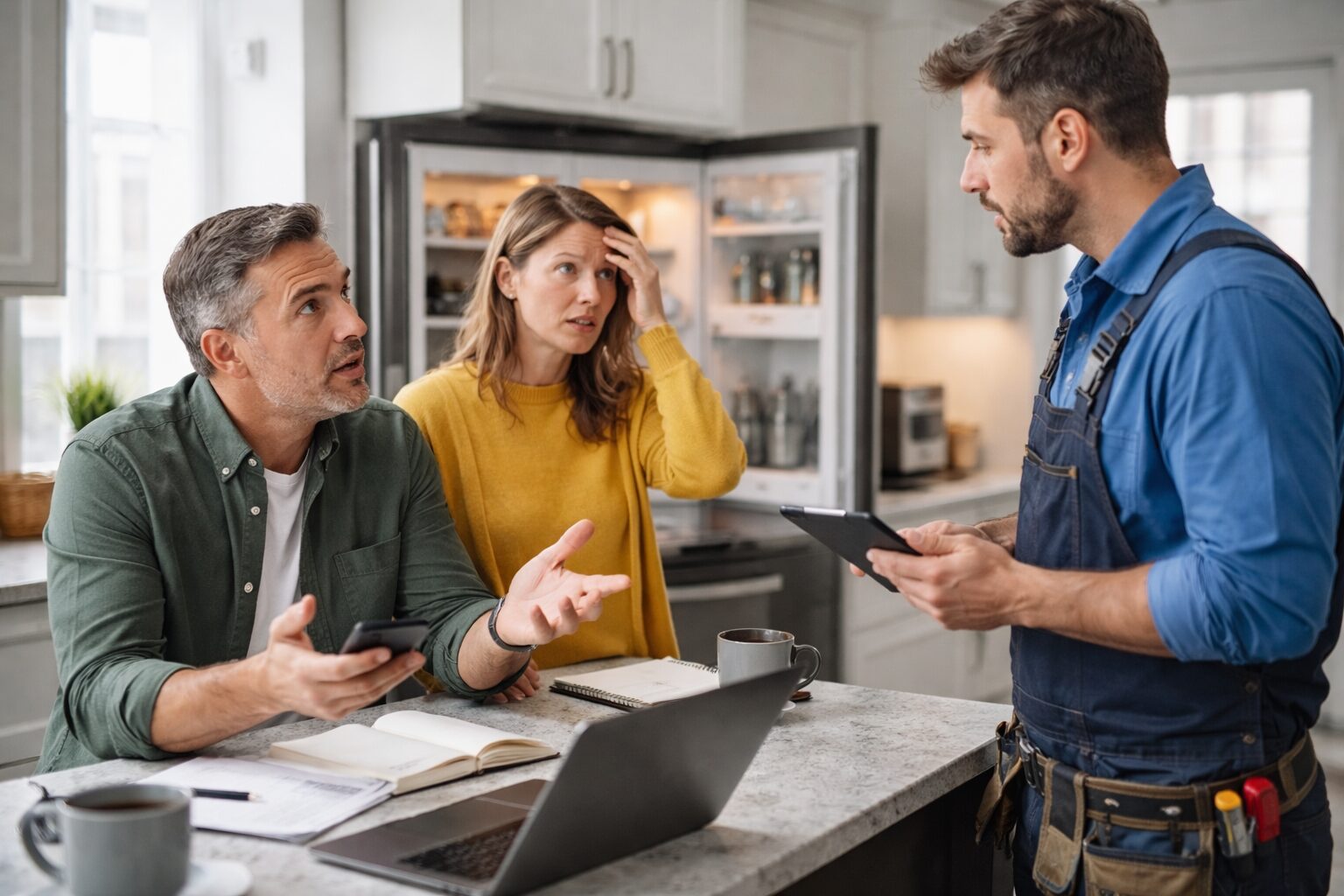 Appliance technician explaining repair details to a concerned middle-aged couple in a modern kitchen setting