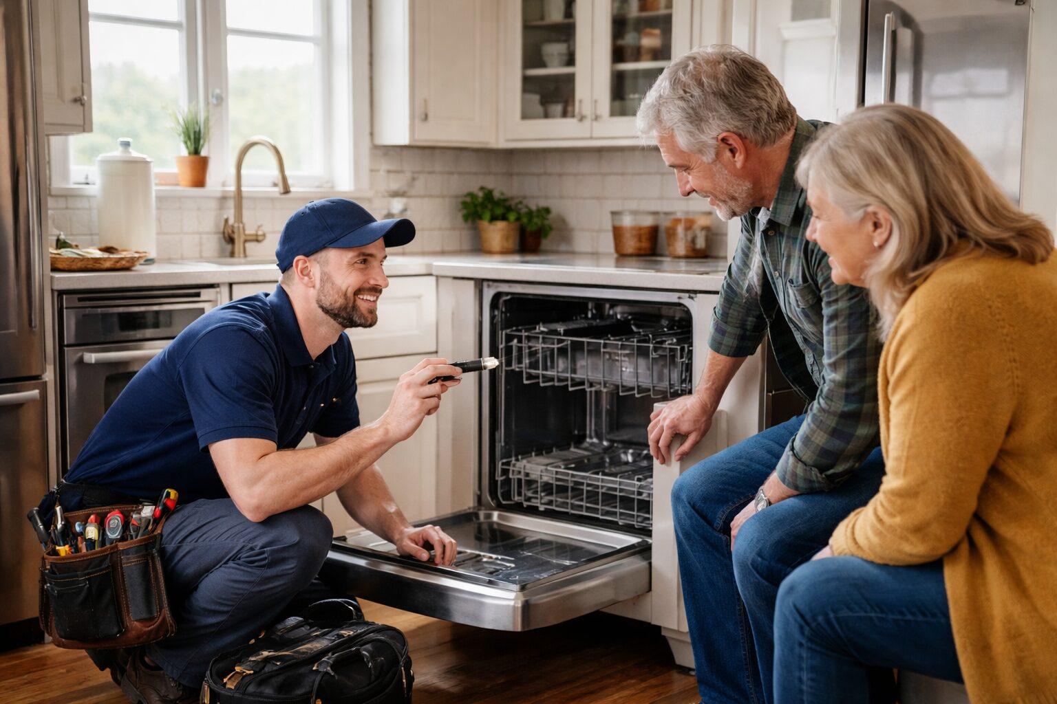 Appliance technician repairing a washing machine in a modern home kitchen while homeowner observes nearby