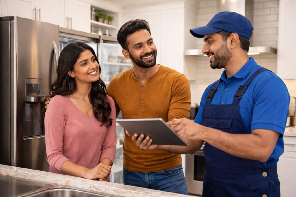 Indian couple reviewing appliance warranty documents with a technician in a modern kitchen showroom
