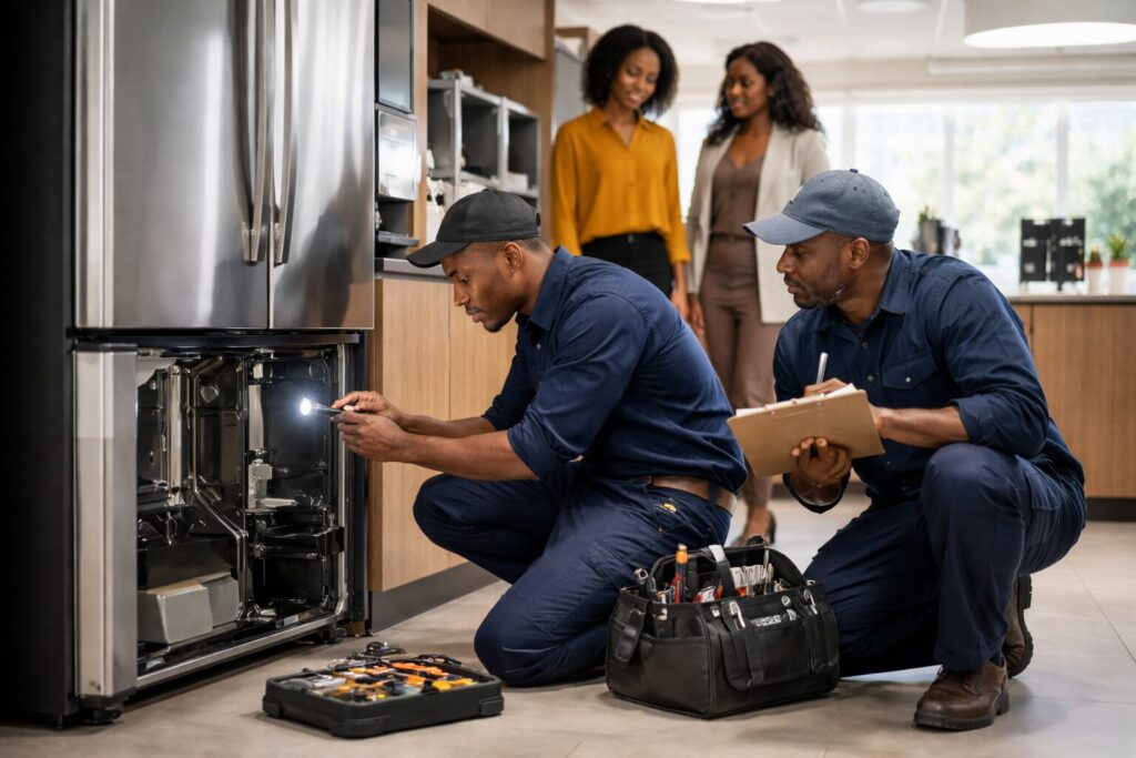 Black appliance technician repairing a commercial kitchen oven while a property manager observes in a modern workspace