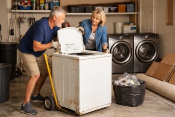 Homeowner receiving a new appliance delivery while the old appliance remains in the kitchen for disposal or reuse