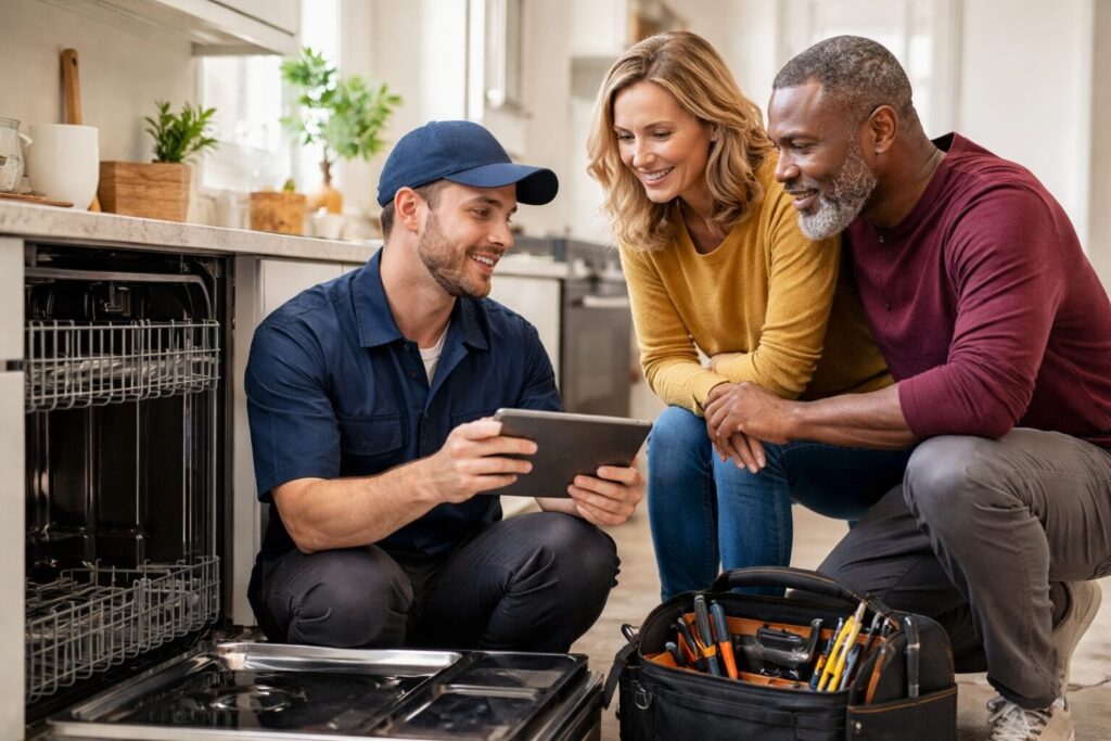 Homeowner discussing appliance repair with a technician in a modern kitchen during a service visit