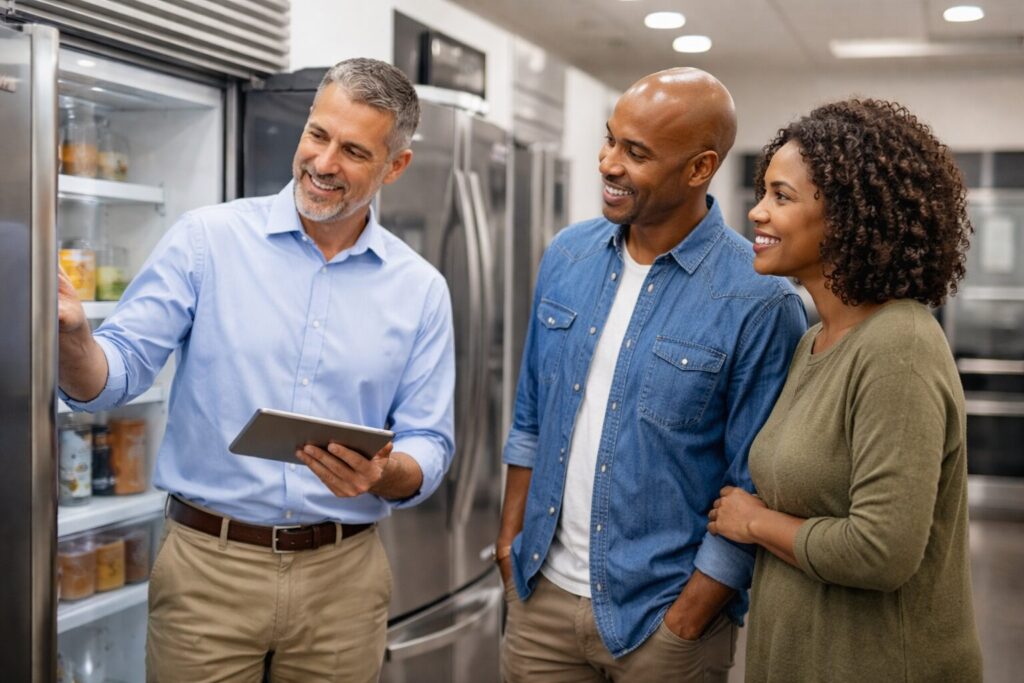 Appliance sales associate helping a middle-aged couple choose a refrigerator in a bright modern showroom
