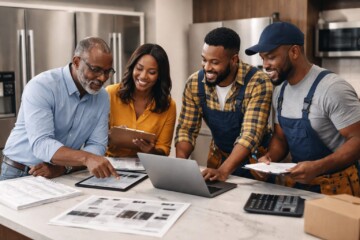 Black couple discussing appliance options with sales associate in modern showroom surrounded by kitchen appliances