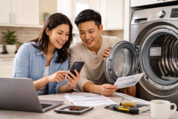 Asian couple reviewing appliance warranty paperwork together in a modern kitchen with a washing machine visible nearby
