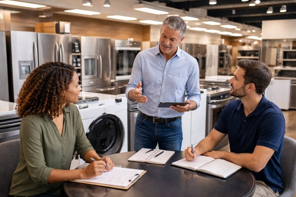 appliance sales associate explaining warranty options to a middle-aged couple in a modern kitchen showroom