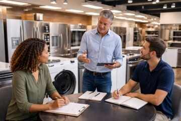 appliance sales associate explaining warranty options to a middle-aged couple in a modern kitchen showroom