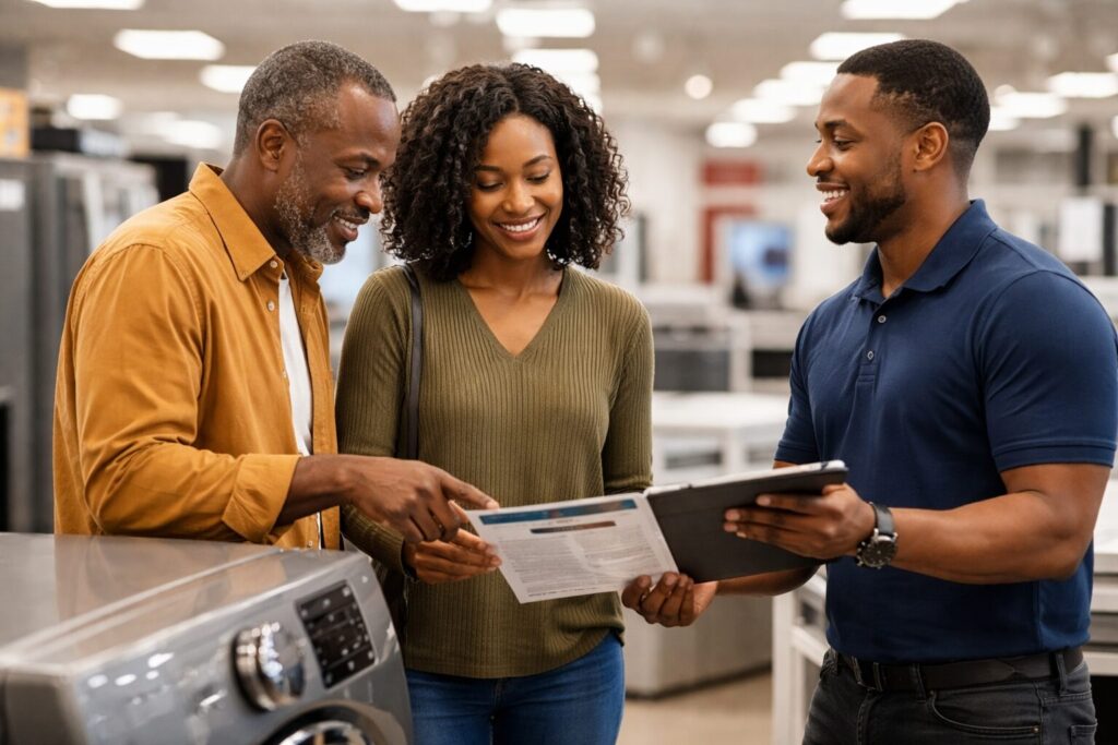 Black couple shopping for kitchen appliances in a modern showroom with a sales associate explaining warranty options