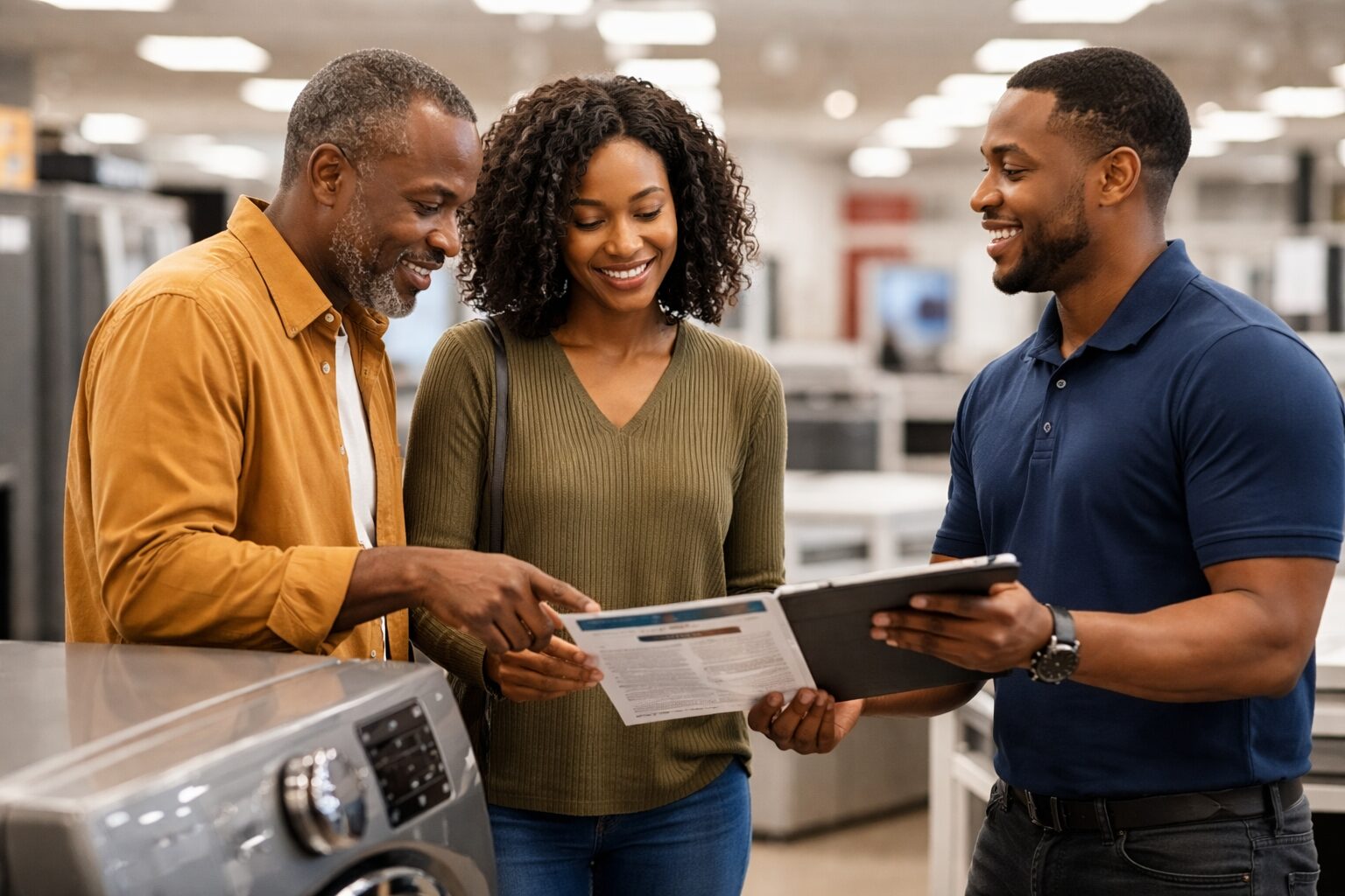 Black couple shopping for kitchen appliances in a modern showroom with a sales associate explaining warranty options