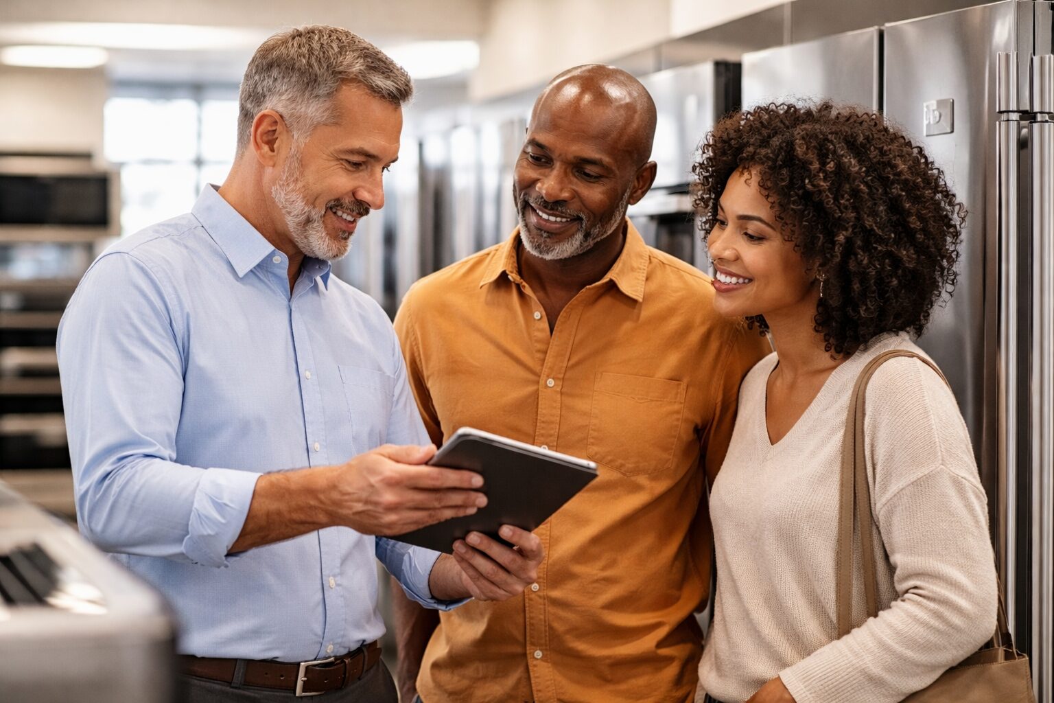 couple discussing appliance warranty options with sales associate in modern appliance showroom