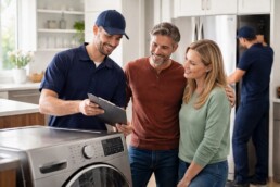 couple discussing appliance warranty options with sales associate in modern appliance showroom