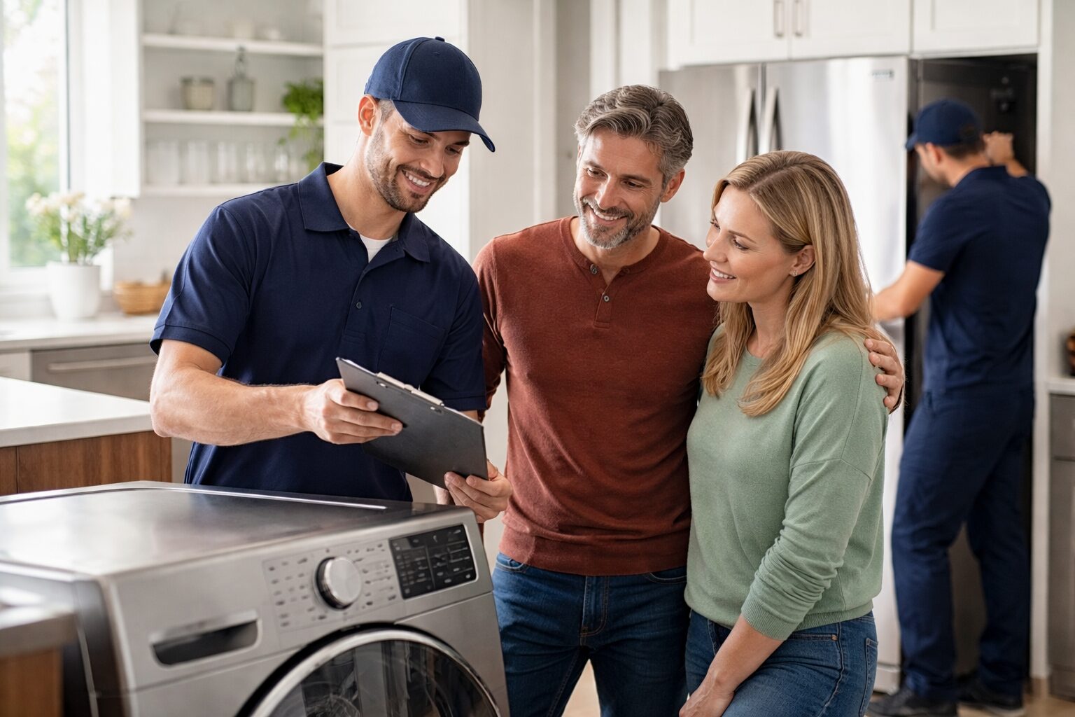 couple discussing appliance warranty options with sales associate in modern appliance showroom