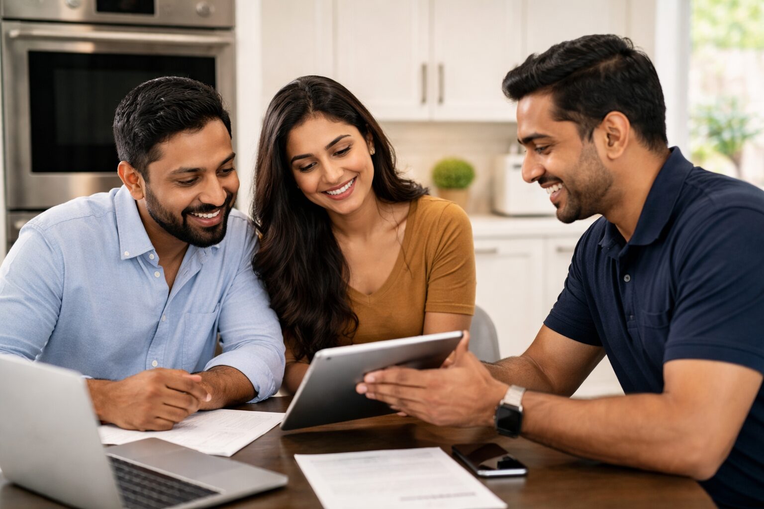 Indian couple discussing appliance warranty options with a sales associate in a modern appliance showroom