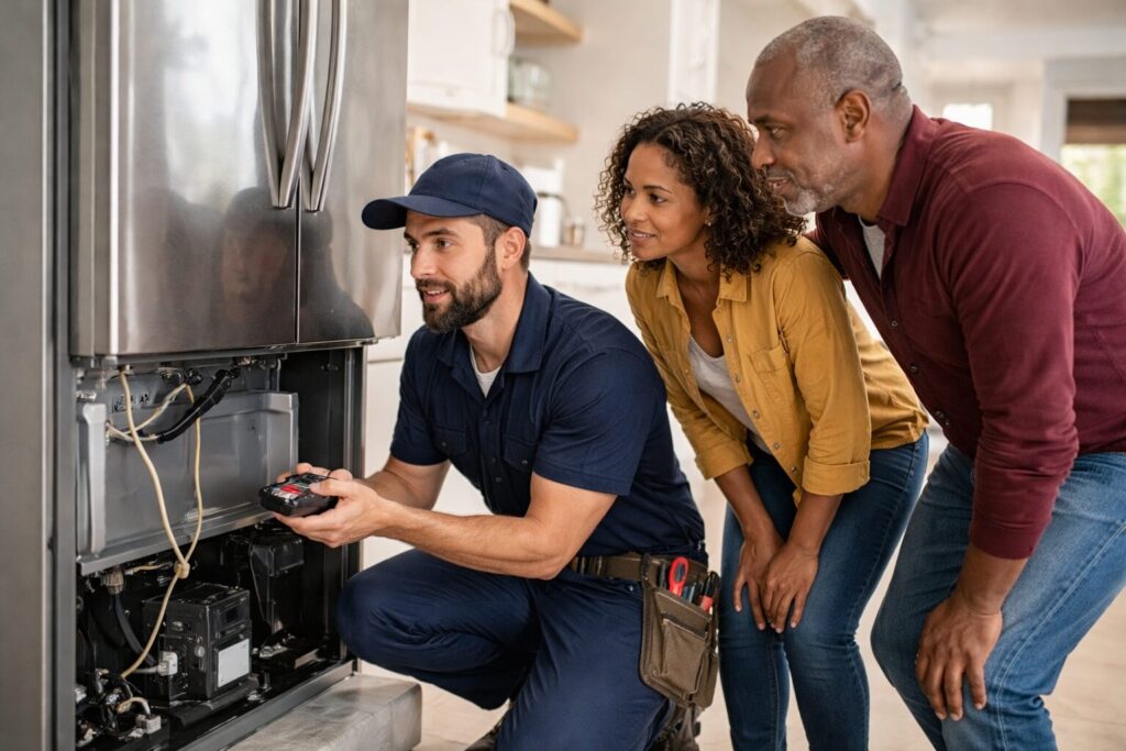 Homeowner discussing appliance repair options with technician in modern kitchen surrounded by appliances