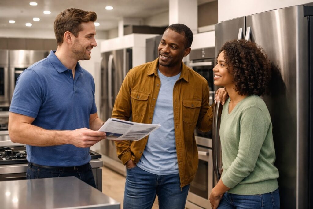 Appliance sales associate explaining extended warranty benefits to a middle-aged couple in a modern kitchen showroom