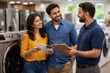 Indian couple discussing warranty options with a sales associate in a modern appliance showroom with refrigerators visible
