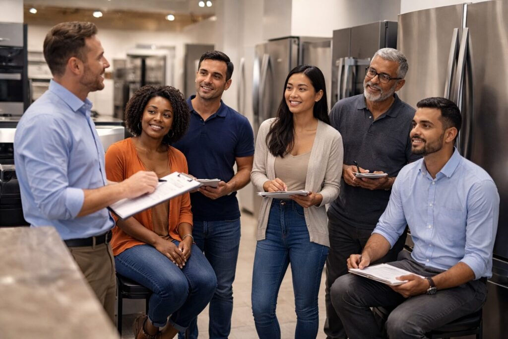 Multicultural appliance sales team training with manager coaching associates in a modern showroom with appliances visible