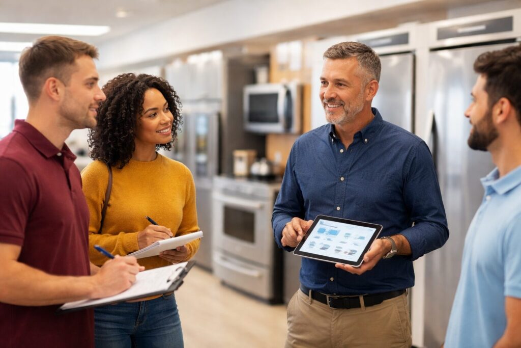 appliance sales associate explaining extended warranty options to a middle-aged couple in a modern showroom