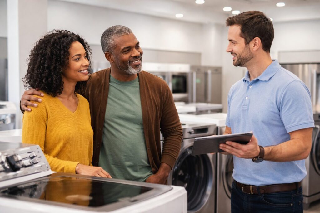 couple discussing appliance warranty options with sales associate in modern appliance showroom