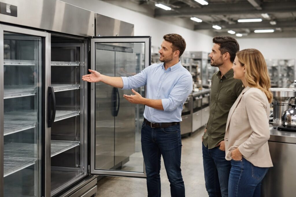 commercial appliance showroom with staff assisting customers and various equipment displayed in organized rows