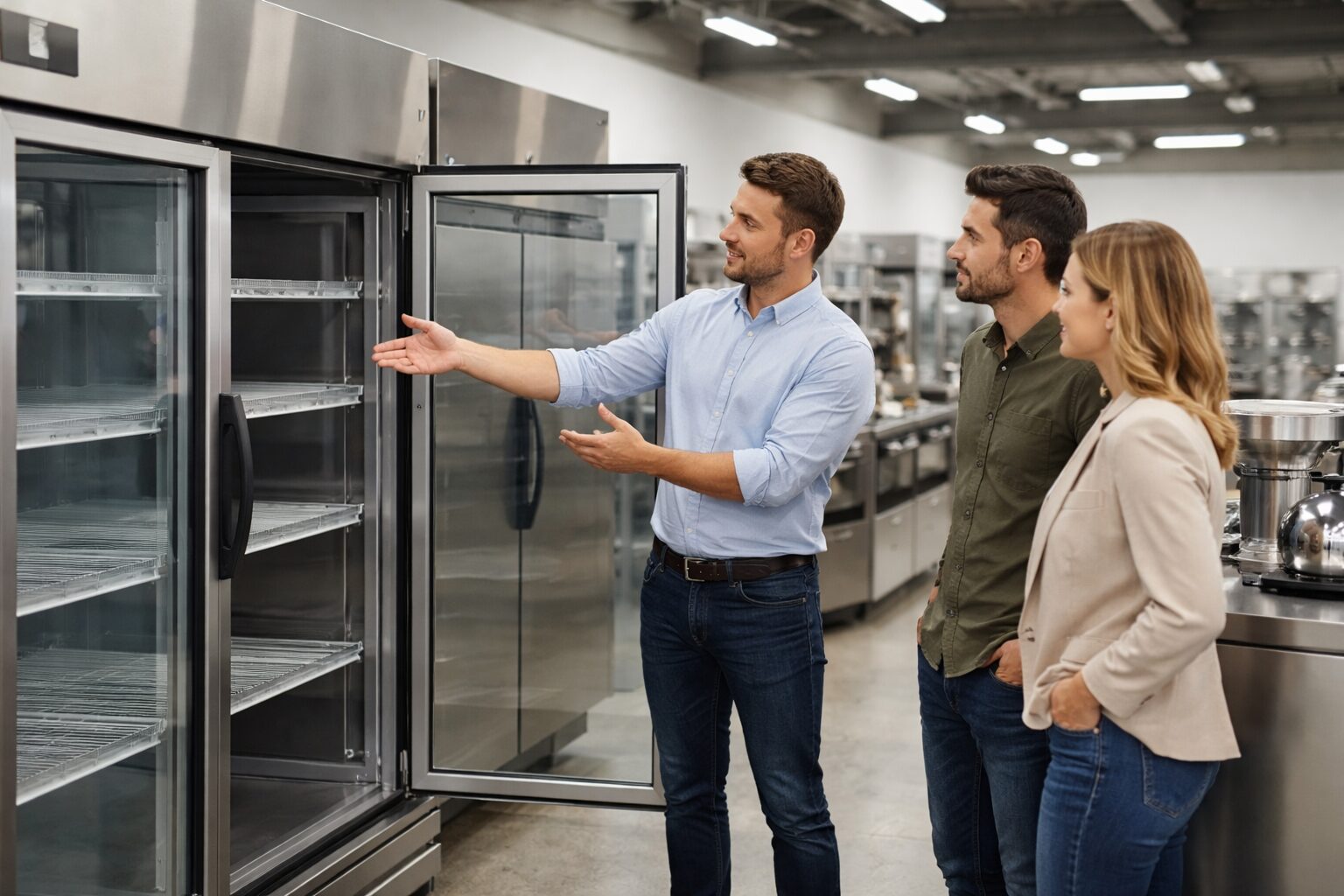 commercial appliance showroom with staff assisting customers and various equipment displayed in organized rows